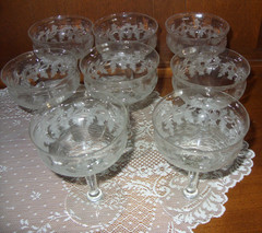 Central Glass Works Thistle Etched 8 Champagne Tall Sherbet Dessert Glasses Nice