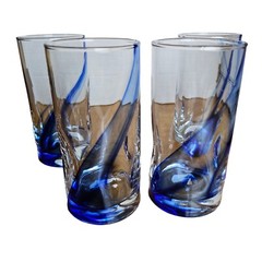 Libby Blown Glass Highball Iced Tea Tumblers Cobalt Blue Swirl Dimple Sign Crisa