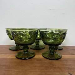 Vintage Bartlett-collins Bullseye Cane Avacado Green Glass Low Sherbet 5 Pc Set