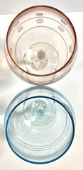 Set of 2 Laura Glasses Blue,Peach Etched Balloon Shape Wine Goblets 8 1/2”