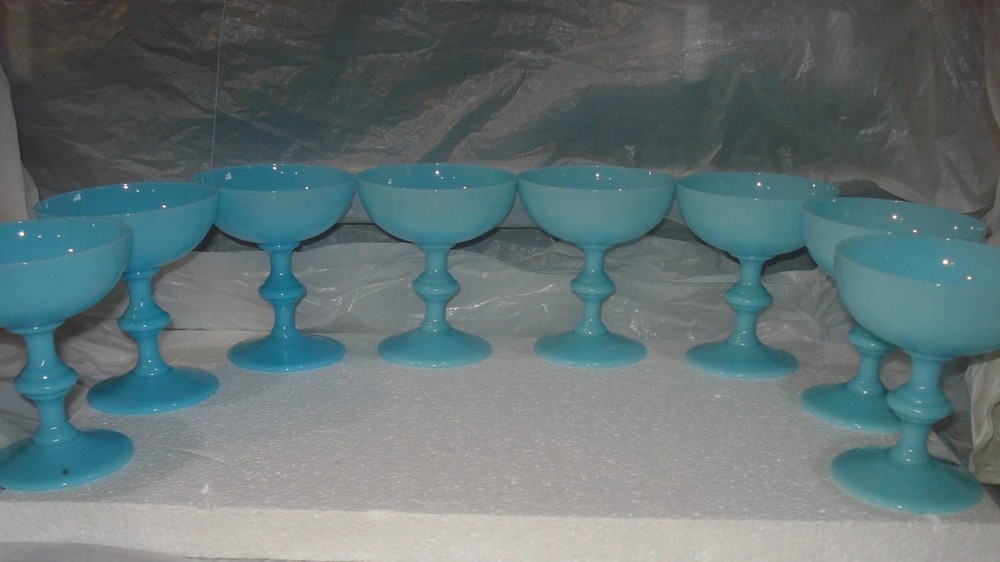 Lot of 8 Vintage French Portieux Blue Opaline Glass Champagne Sherbet Goblets