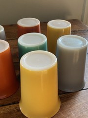 7 Vintage Hazel Atlas Moderntone Tumblers Set Milk Glass Platonite Juice retro