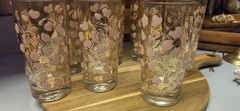 MCM Fred Press Pink & Gold Dogwood Highball Glasses Vintage Barware Cocktail Set