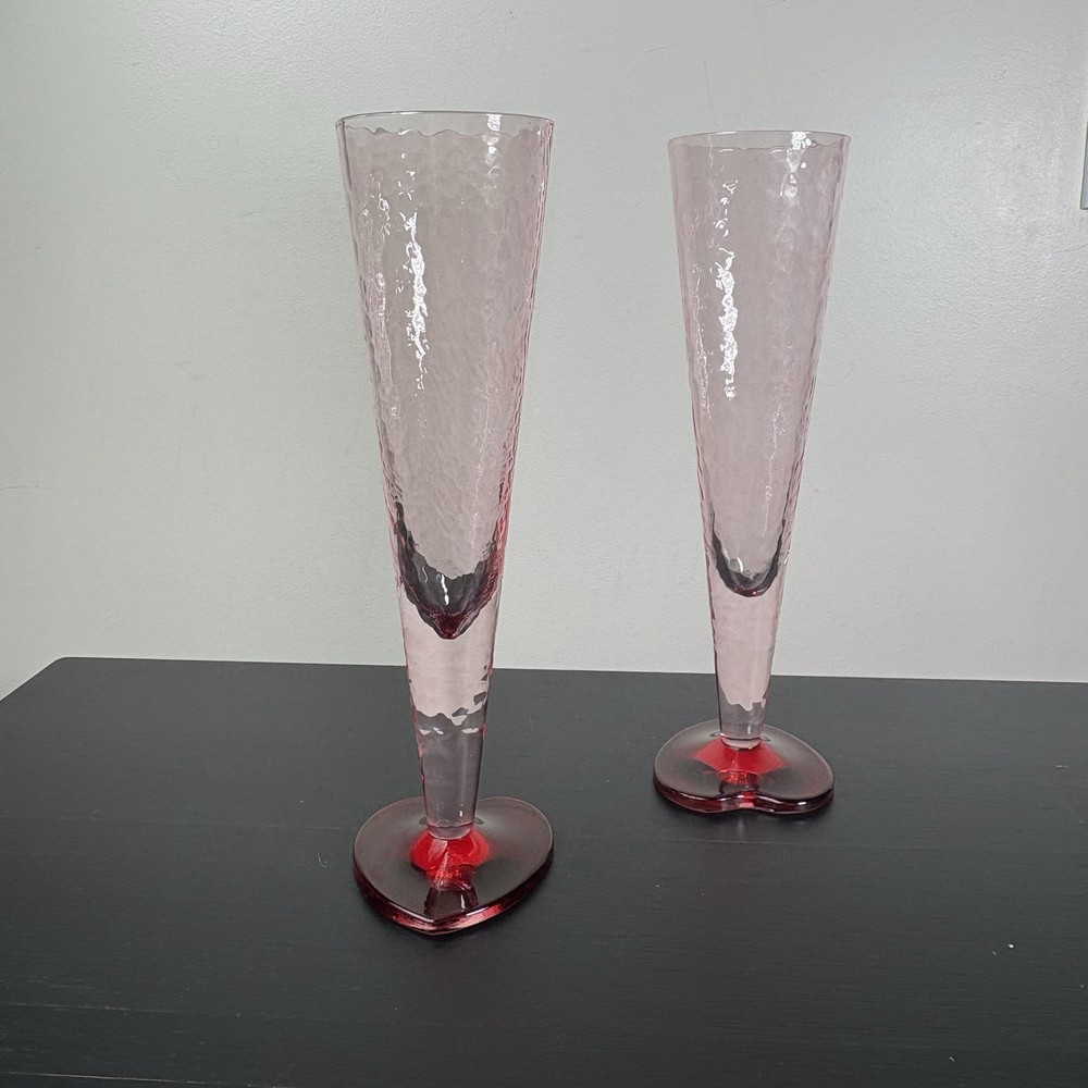 Pink Champagne Flutes Red Heart Bases Romantic Art Glass Set