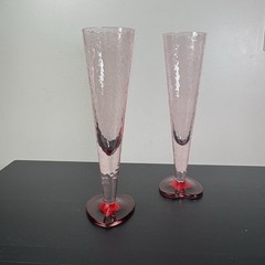 Pink Champagne Flutes Red Heart Bases Romantic Art Glass Set