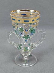 Bohemian Hand Enameled Grapes & Gold Beaded Glass Loving Cup Circa 1900