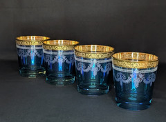 Set of 4 VTG Blue Italian Old Fashioned Tumblers Gold Rim Lorren Home