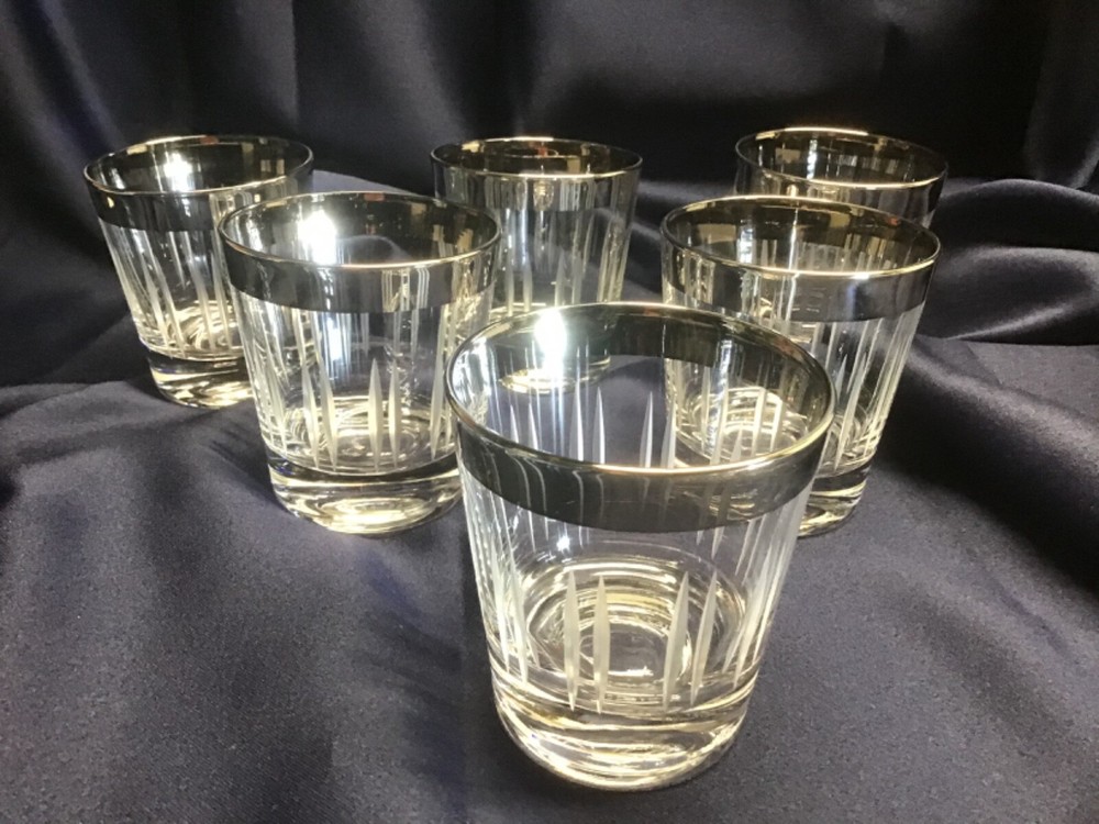 6 MID CENTURY MODERN ON THE ROCKS GLASSES 5 oz etched SILVER RIM mad men 🥃🥃🥃B