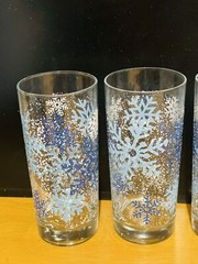 Set 4 Vintage Libbey Blue & White Winter Snowflakes Clear Glass 6 1/4″ Tumblers