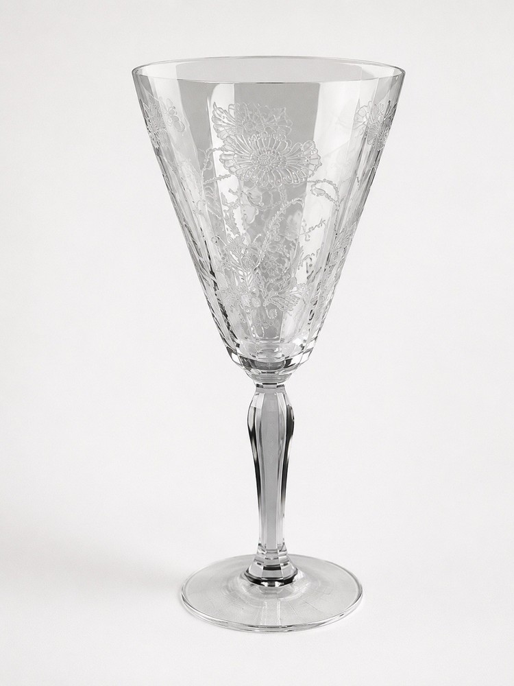 Set of 7 Vintage Etched Floral Crystal Wine Glasses 7.5” Stemware
