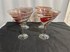4 Hand Blown Art Glass Swirl Martini Glasses Cranberry Gold Opalescent Mexico