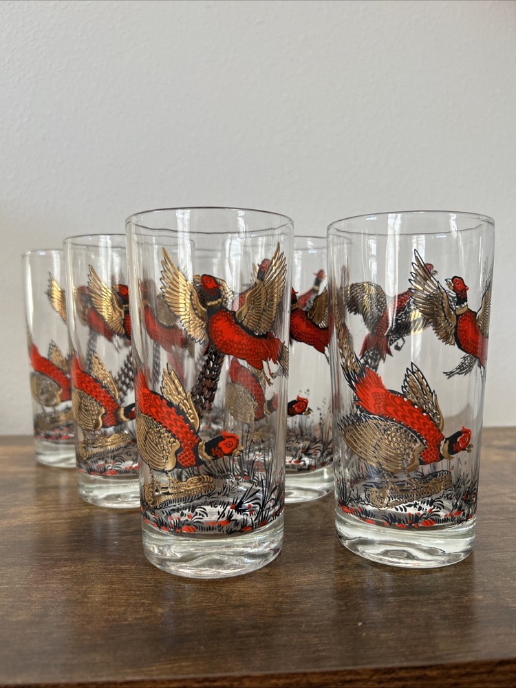 Set Of 6 Vintage 1950’s Hazel Atlas Gold Pheasant High Ball Bar Ware Glasses