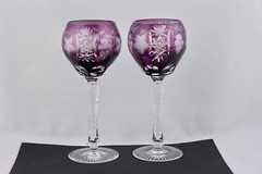 SET OF 2 AJKA MARSALA CRYSTAL AMETHYST CUT TO CLEAR 8-1/8″ HOCK WINE GOBLET-MINT