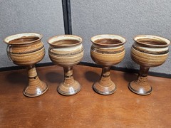 Set Of 4 Vintage Deneen Pottery Goblets Brown/White Glazed With Black Trim