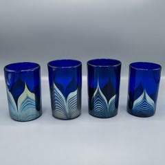 Steven Correia Pulled Feather Blue Iridescent Tumbler Glasses Set of 4- 4 7/8″H