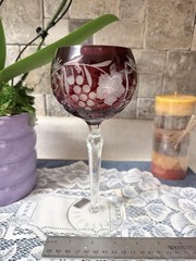 Godinger Ruby Red Cut Crystal Wine Glass Grapes Floral Tall Stemware Romania