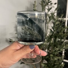 Blue Smoke Crystal Wine Glasses Barrel Bowl Clear Short Stem Hand Blown 5″ Tall