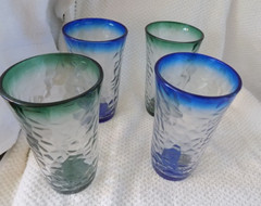 Lot of 6 Libbey ice crackle tumblers 3 green 3 blue rim glasses ice tea