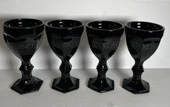 4 Halloween Black Thick Glass Wine Goblet Chalice Etched Poison Arsenic RARE