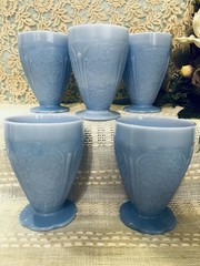 5 Depression Delphite Blue Cherry Blossom Jeannette 9 Oz Footed Tumbler Exc Cond