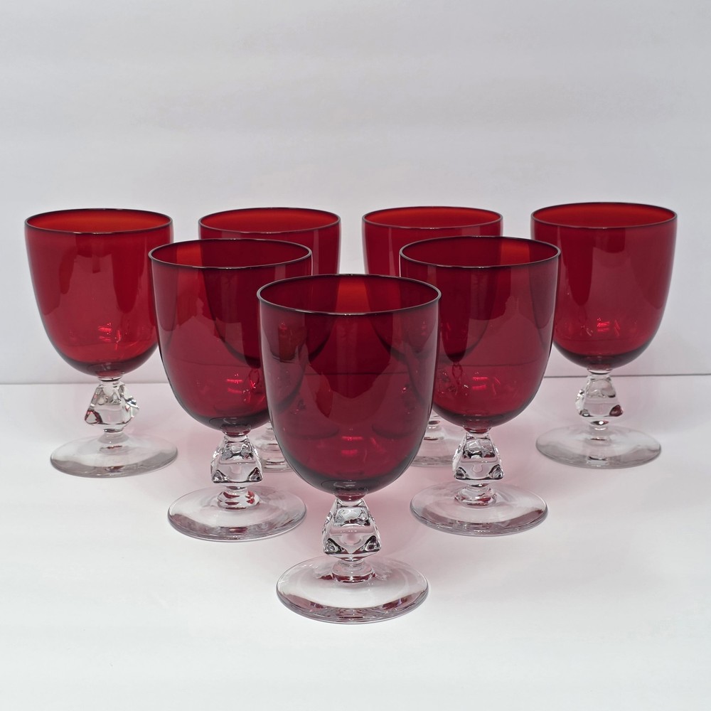 Set Of 7 Bryce Aquarius Ruby Red 5-3/4″ Crystal Water Goblets With Diamond Stem