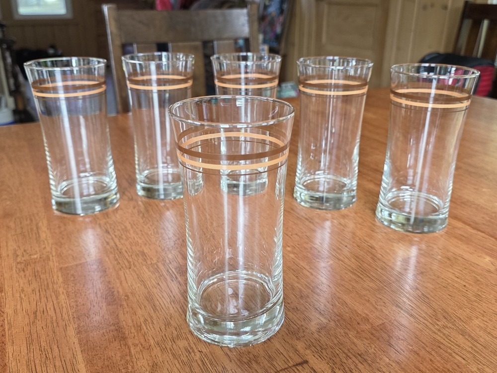 Vintage MCM Libbey High Ball Glasses Brown And Gold Striping Set Of 6