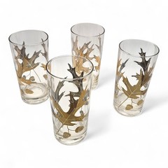 VTG 1950s MCM Libbey Highball Glasses Set 4 22k Gold Oak Leaf Acorn Barware