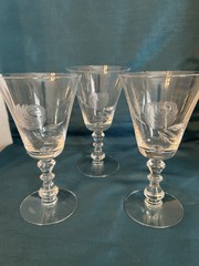 Vintage Fostoria “Rose” Water Goblets – Etched Roses – GORGEOUS Set Of 3
