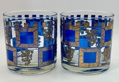 Pair Mid Century Retro Modern Barware Lowball Whiskey Glass Blue Gold Henry 8th