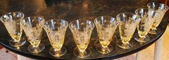 Vtg Set 8 LA FLEURE YELLOW 4.75″ Etched FOOTED TUMBLERS Glass TIFFIN FRANCISCAN