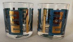 A pair MCM Lowball Glasses with Blue & Green Meander pattern