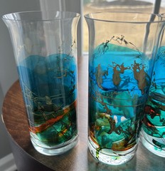 6 STIF Romania Hand Painted Hand Blown Flared Rim Glasses Clean Beautiful