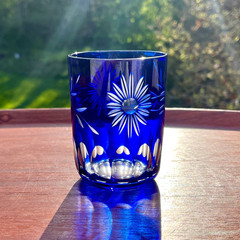 Edo Kiriko Tumbler Cobalt Blue Cut Clear Glass Cold Sake Tea Whiskey Juice Glass
