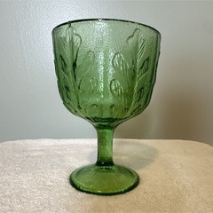 Vintage FTD Green Pressed Glass Goblet Footed Stemware Embossed Leaf antique