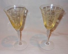 Vintage Fostoria Versailles Topaz 5-7/16″ Aperitif Glasses Set of 2 Etched RARE