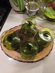 VTG Avocado Green Indiana Glass Kings Crown Thumbprint Dessert Goblet Set Of 4