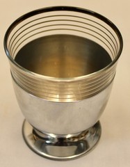 05/16 Set of 4 Chase Silver Band Art Deco Glass Glasses w/Metal Cups, Cork Base