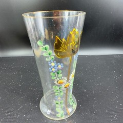 Antique Enamel Painted Floral Glass Tumblers Cups Tulip Daisy Gold Rim Set 3 VTG