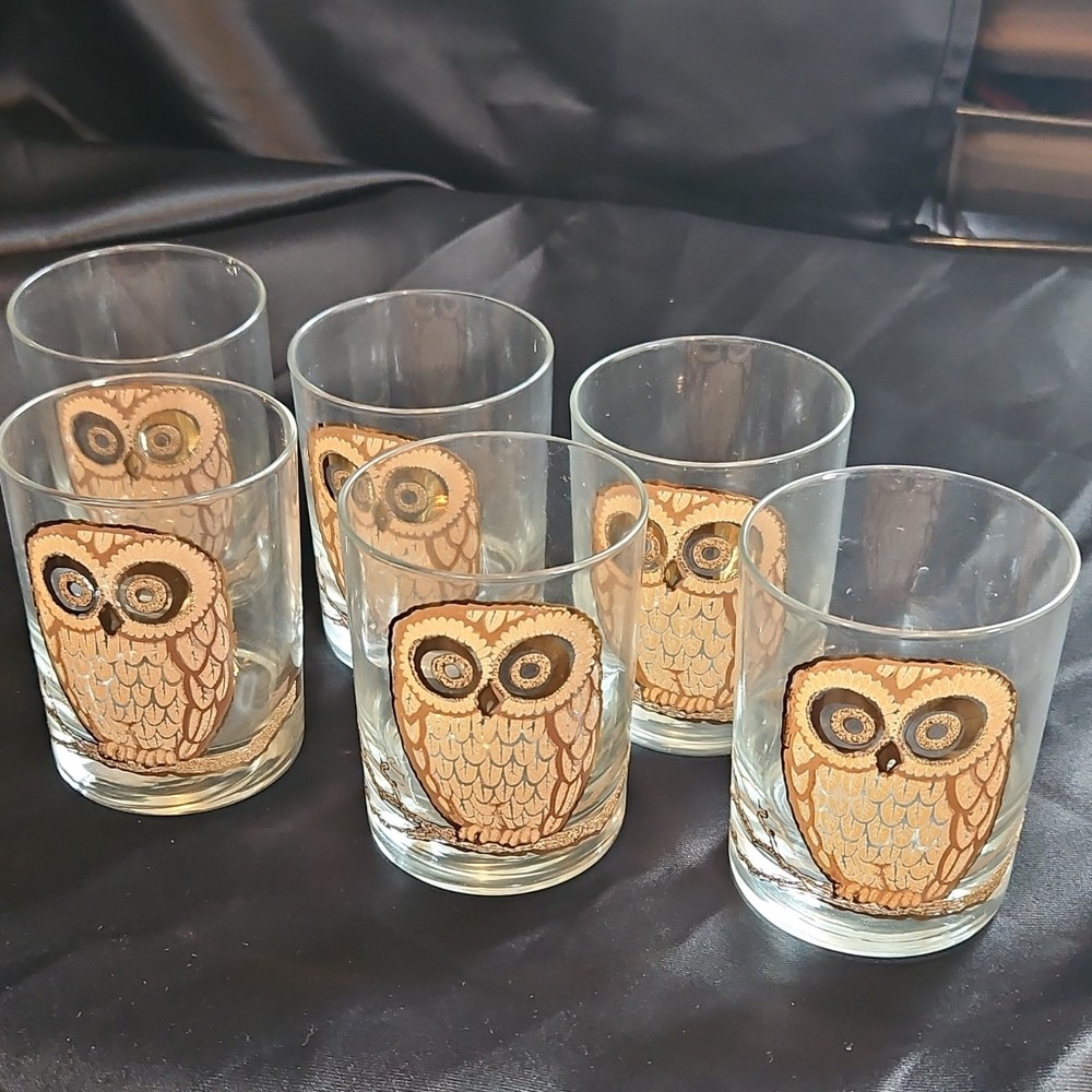 Signed Georges Briard Owl Decorated Rocks Glasses Set of 6