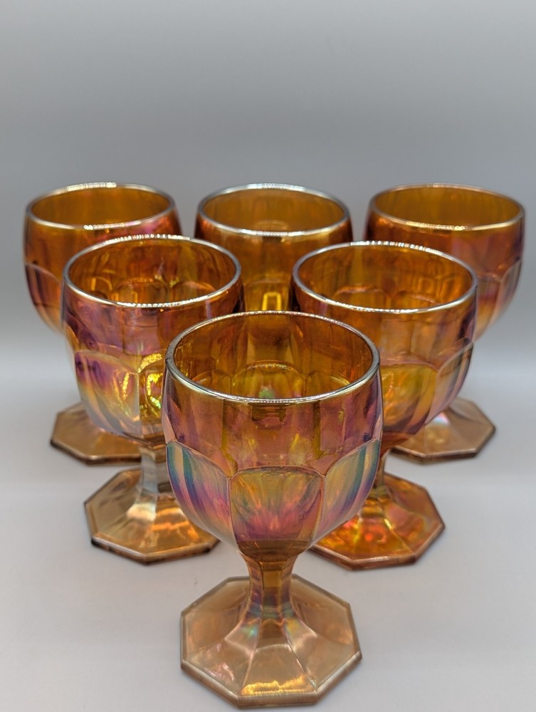 Set of 6 Vintage Imperial Glass Marigold Orange, Carnival Glass Goblets