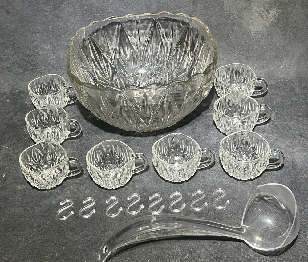 Vintage 8 Serving Brockway Punch Bowl Set W/ Box Ladle & Hooks Party Glassware