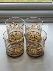 Vintage Libbey Smoked Glass Raised Cherry Blossom Flowers 3.5″ Glasses Set of 4