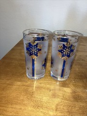 2 Frosted Blue 22K Gold Starburst Tumbler Libbey 12oz Mid Century Barware 1960s