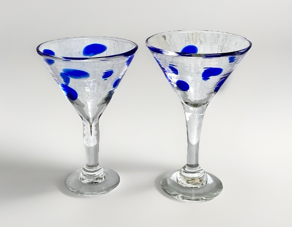 2 Heavy Vintage Hand Blown Blue Dot/Swirl Martini Glasses 7″ Tall 4-1/2″ Wide