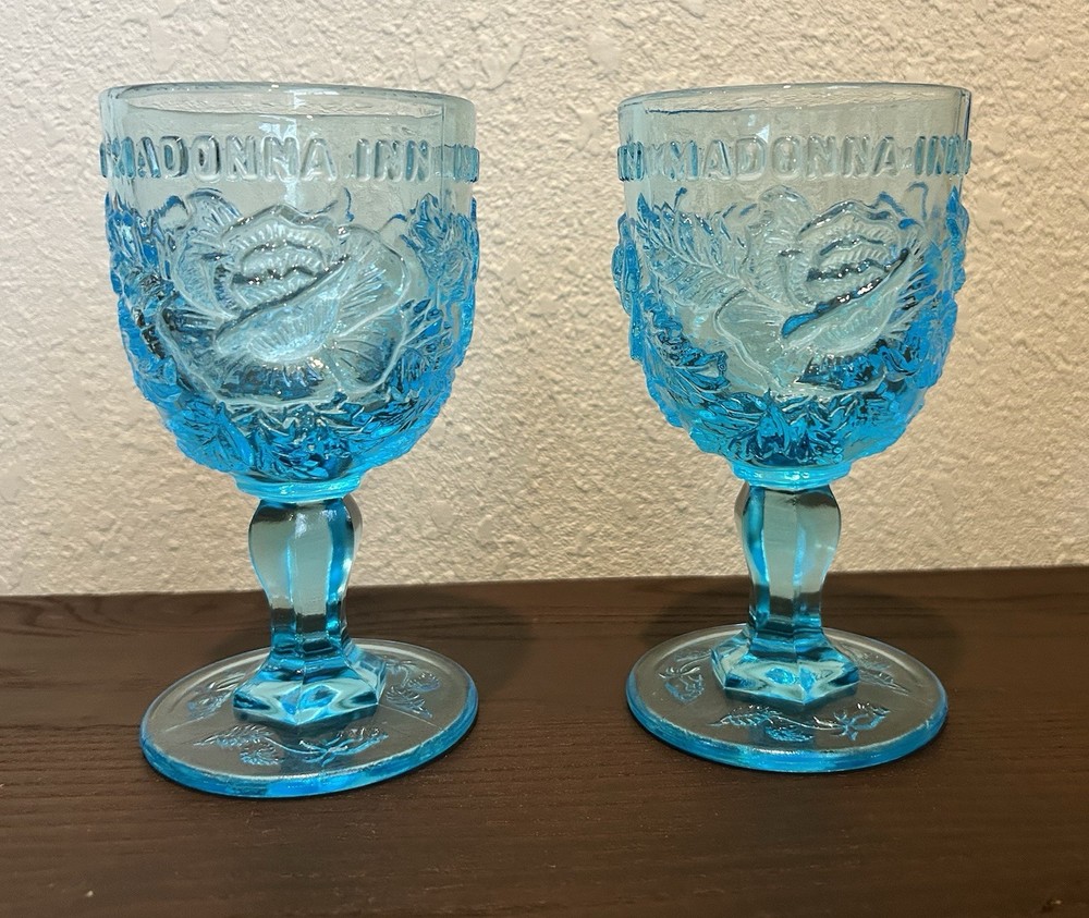 Pair Of Madonna Inn Goblets Aqua Blue Mosser Glass