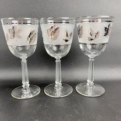 Set 3 Libbey Frosted Wine Water Glasses w/ Silver Rims & Falling Leaves Stemware