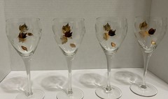 Vintage Set Of 4 Etched Gold Leaf Wine Glasses Beautiful Design , Happy Holiday