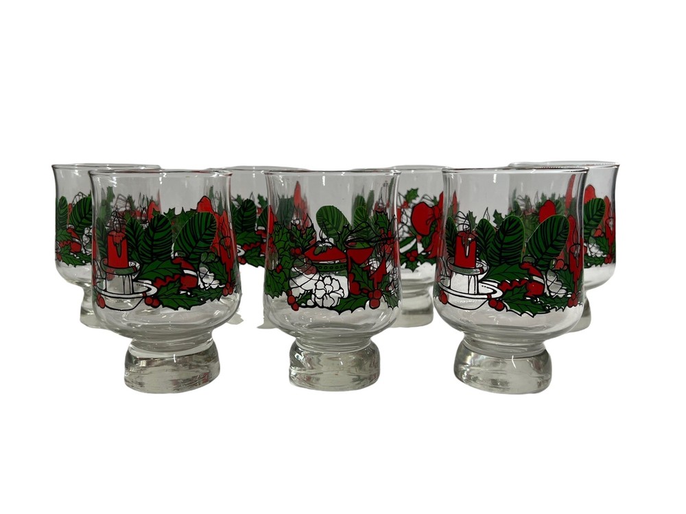Vtg Pedestal Goblet Christmas Holly Drinking Glasses Set of 7 / Candle Holders