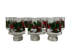 Vtg Pedestal Goblet Christmas Holly Drinking Glasses Set of 7 / Candle Holders