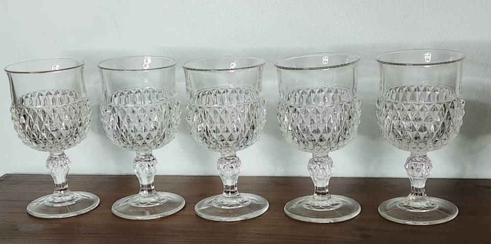 Vintage Indiana Glass Clear Diamond Point Water Tea Wine Goblet Set Lot 5